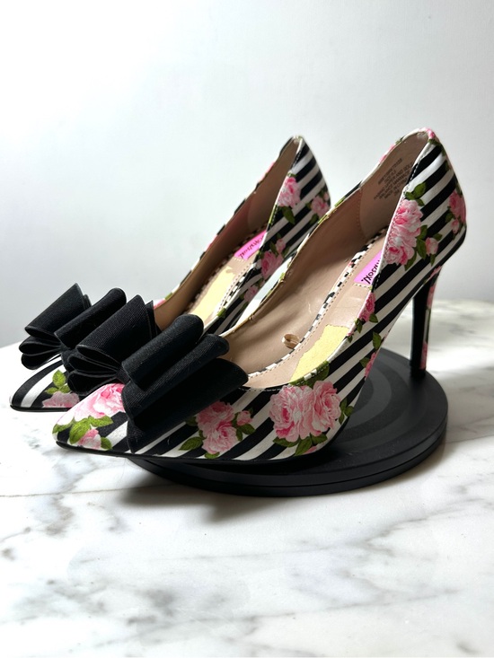 Betsey Johnson Shoes - Betsey Johnson Black & White Stripe Pumps with Pink Rose Print and Black Bow